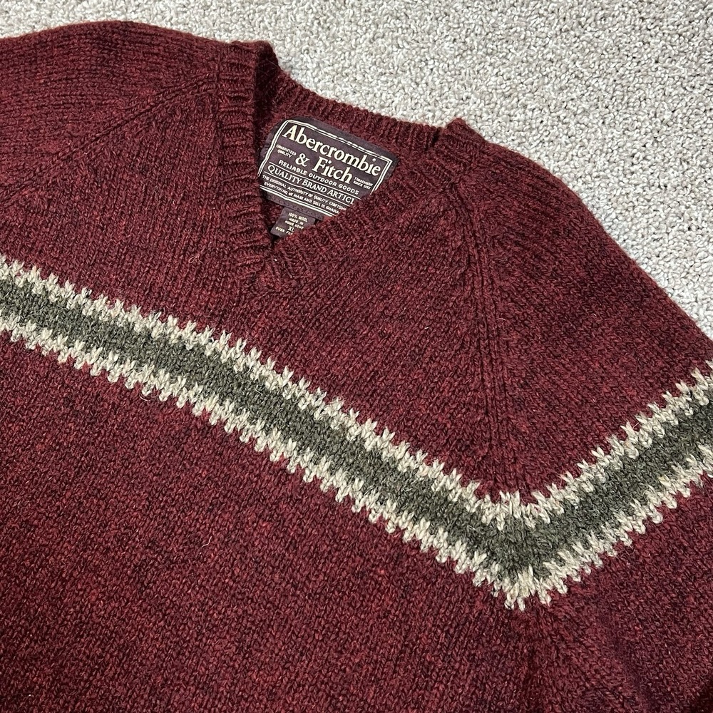 VTG 90s Abercrombie & Fitch Wool V Neck Sweater XL Burgundy Fair Isle Hong Kong